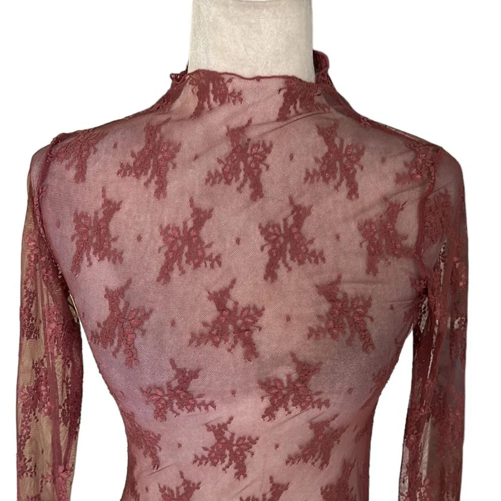 Free People Sheer Floral Long Sleeve Top in Dusty Rose
